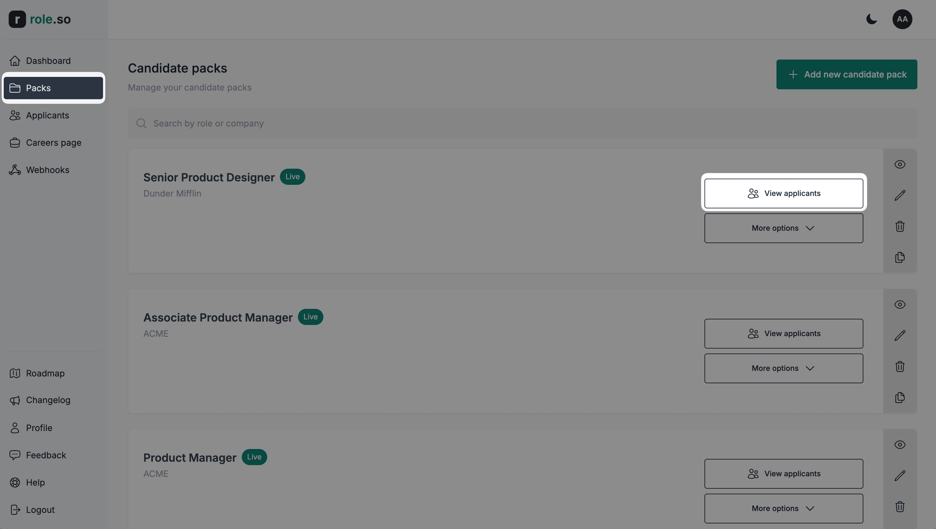 Applicants dashboard, from the candidate packs listing page